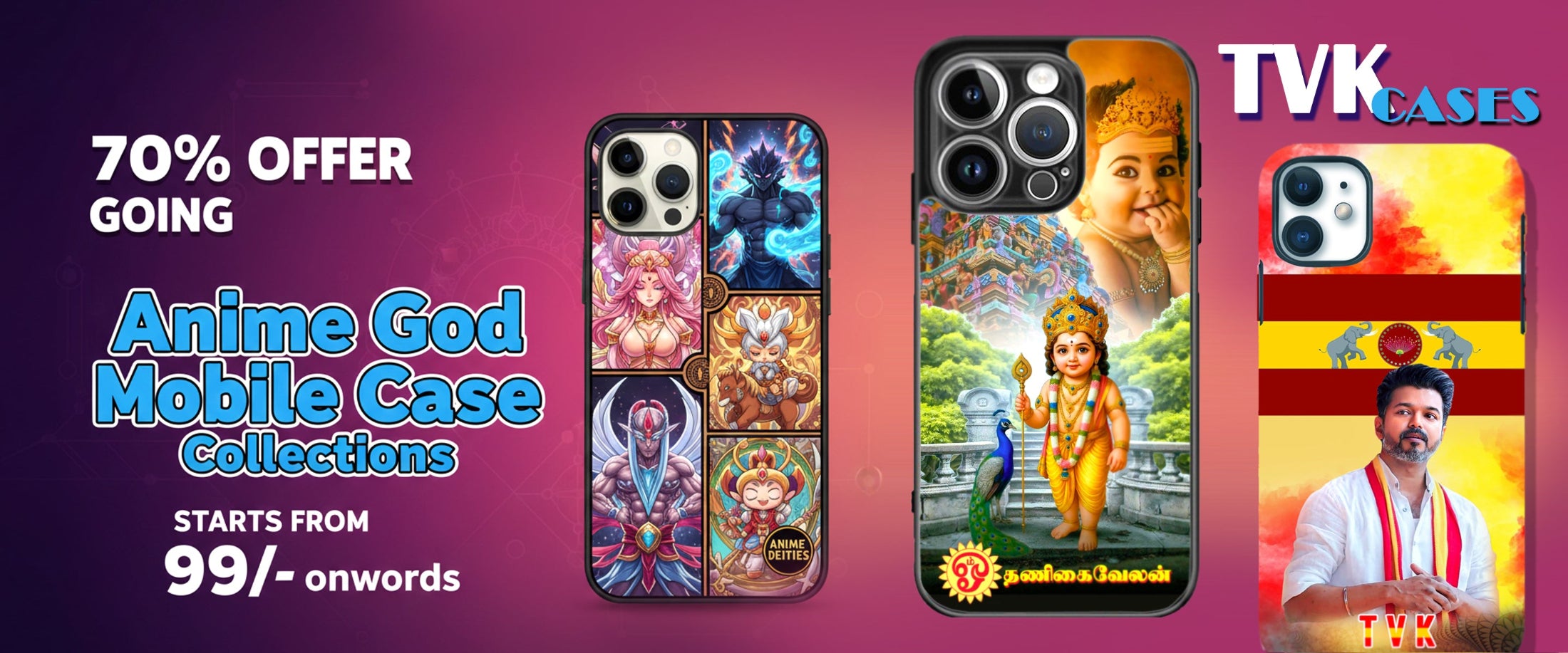 Promotional banner for anime god mobile case collections with various designs on a purple background.