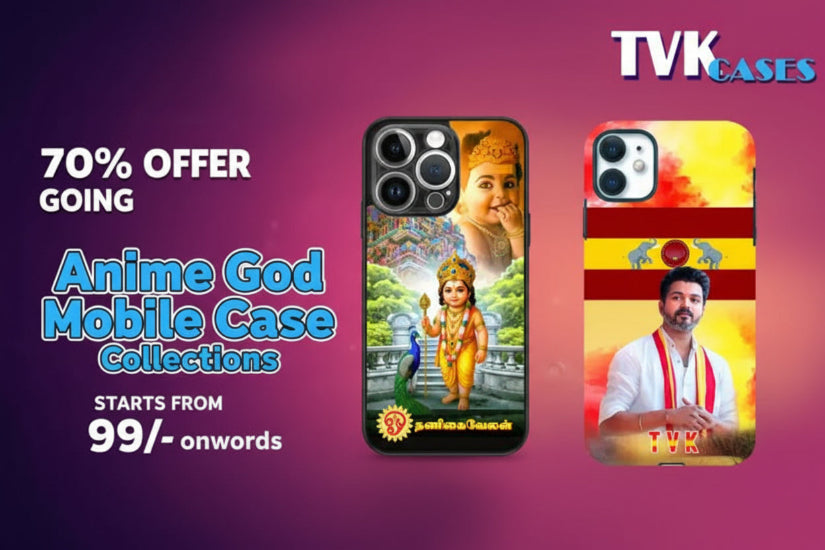 Promotional banner for anime god mobile case collections with various designs on a purple background.