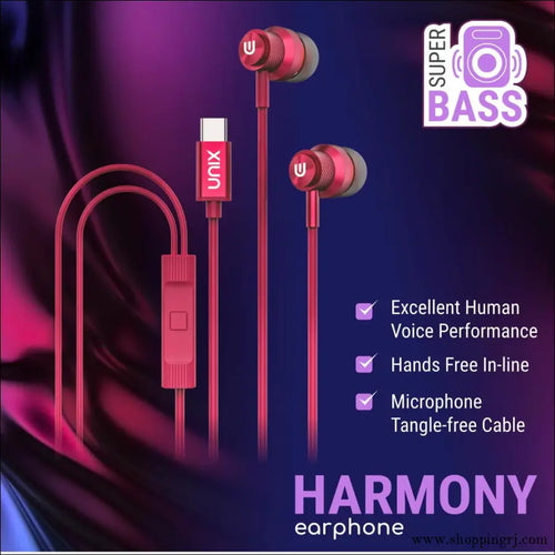 Unix Harmony Type c Wired Earphone for Clear Audio Quality