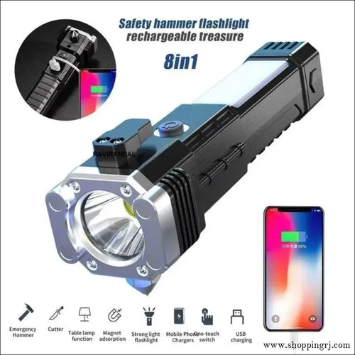 8 in 1 Portable Rechargeable Torch LED Flashlight - Black / 1 PC - Torches
