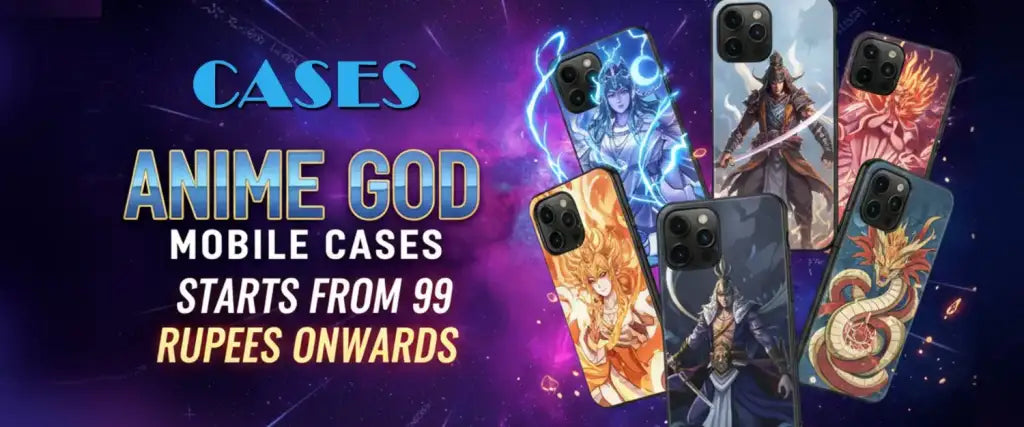 Promotional banner for anime-themed phone cases with various designs on a dark background.