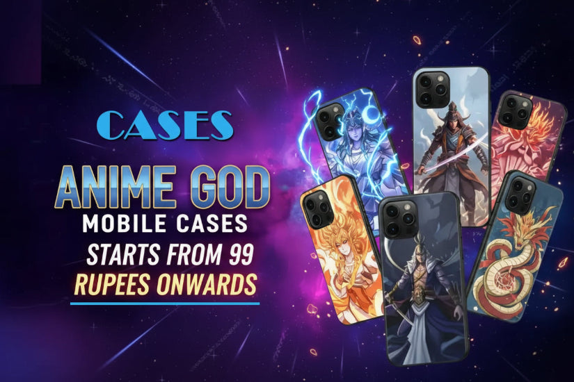 Promotional banner for anime-themed phone cases with various designs on a dark background.