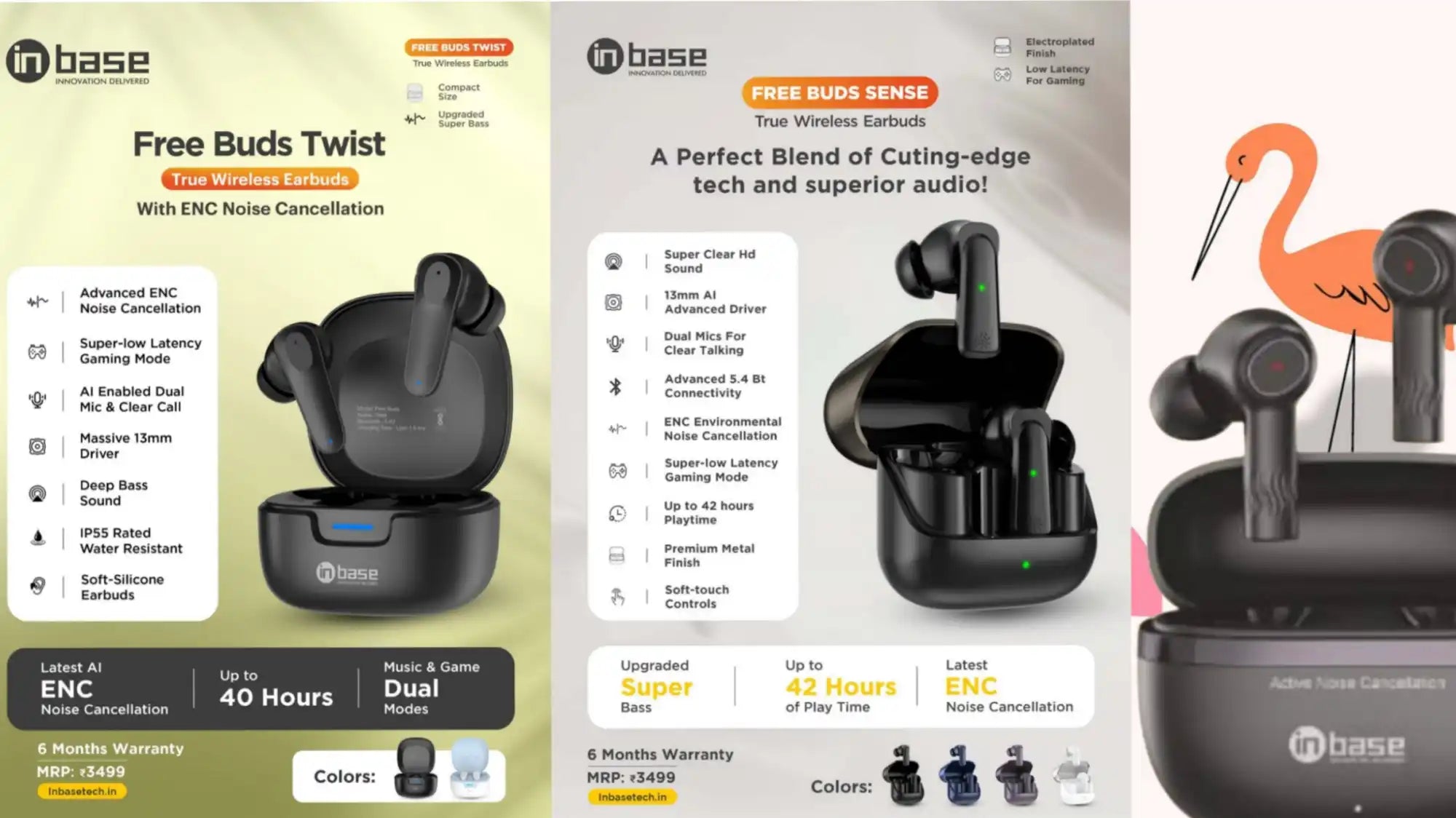 Black wireless earbuds with a charging case shown in product packaging and promotional materials.