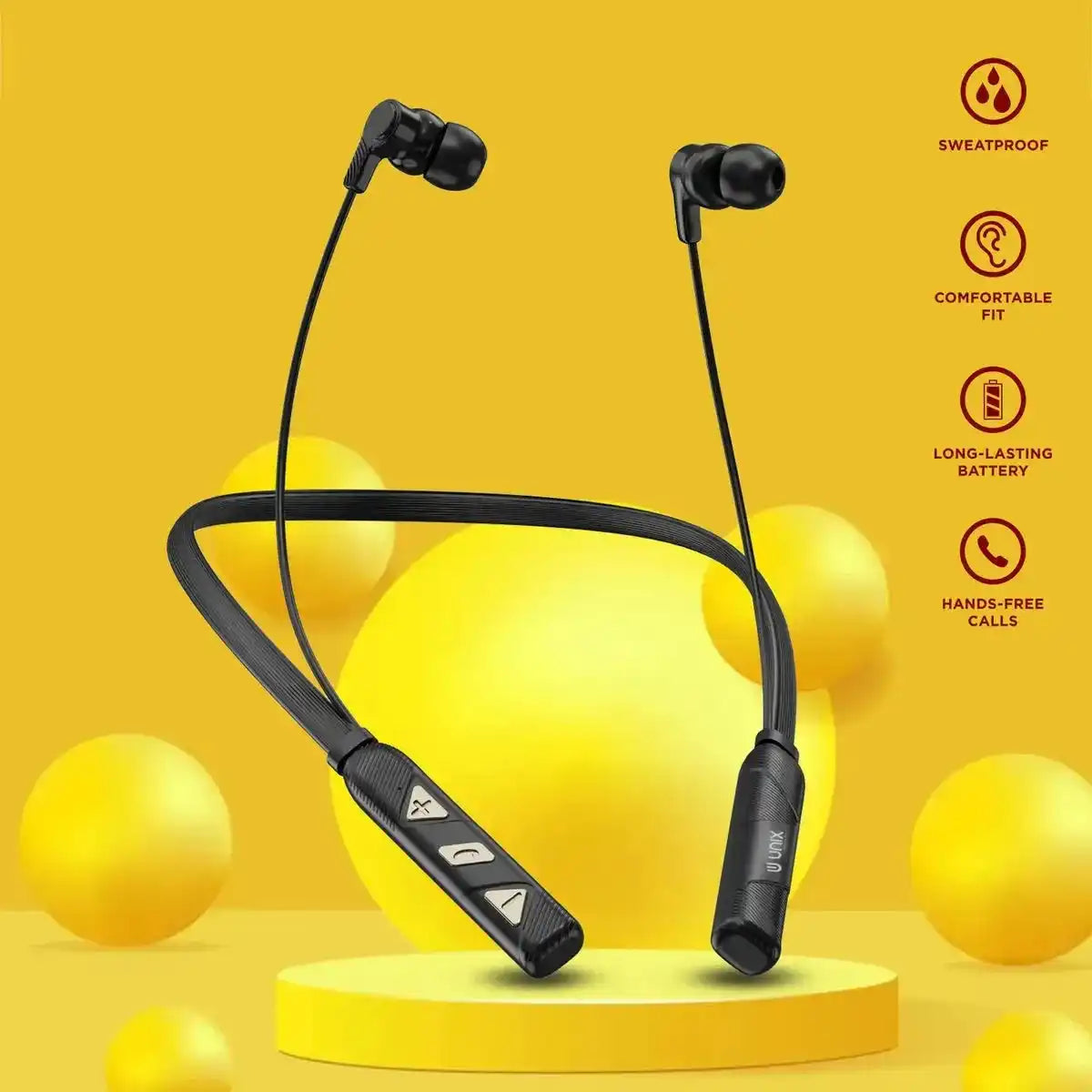 Black wireless neckband earphones with magnetic earbuds.