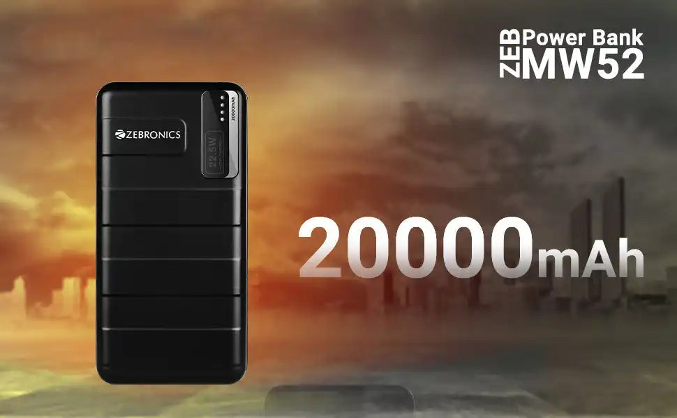 Black Zebronics power bank with 20000mAh capacity.