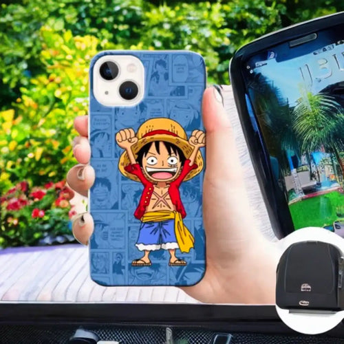 Blue iPhone case featuring Luffy from One Piece anime/manga in his signature straw hat and red vest.