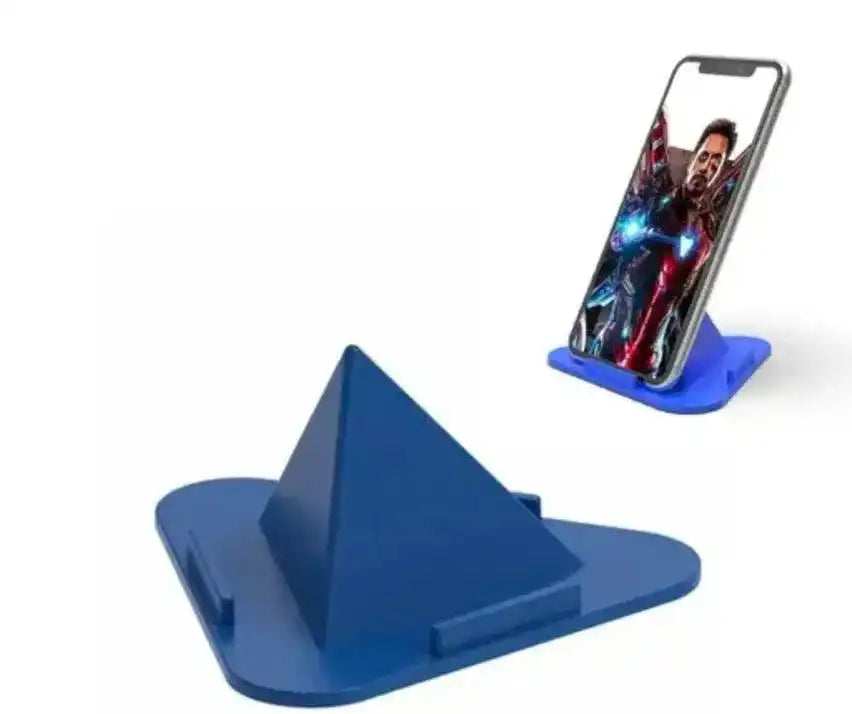 Blue triangular phone stand with a slanted support surface.