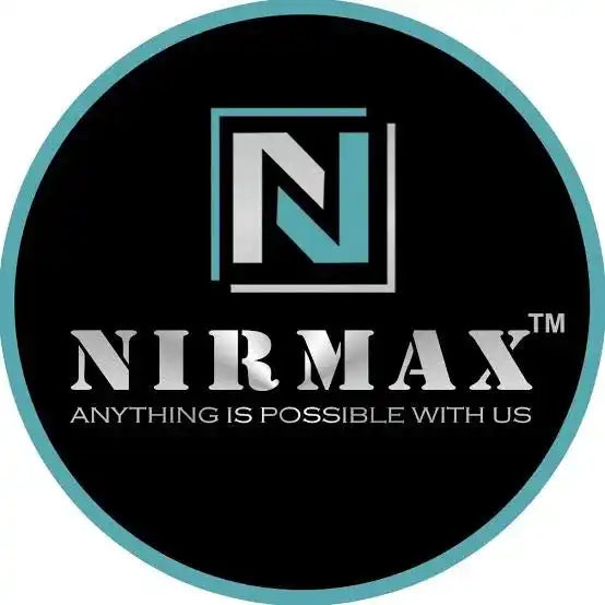 Circular black logo featuring ’NIRMAX’ text and a stylized N symbol with the tagline ’ANYTHING IS POSSIBLE WITH US’