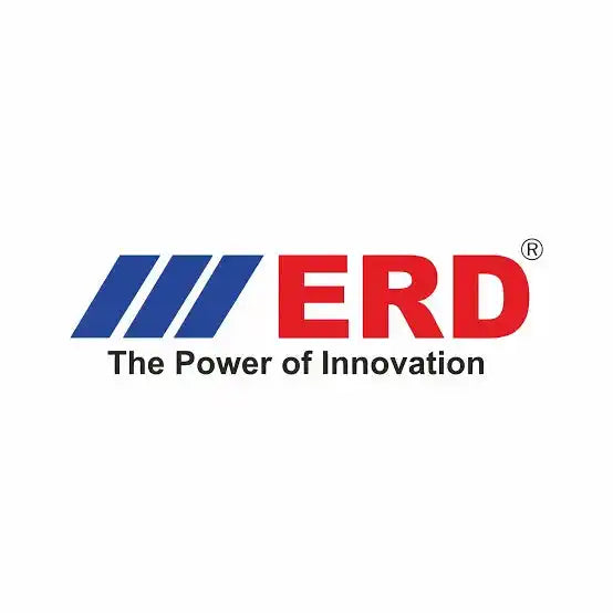 ERD company logo featuring blue and red text with their tagline ’The Power of Innovation’