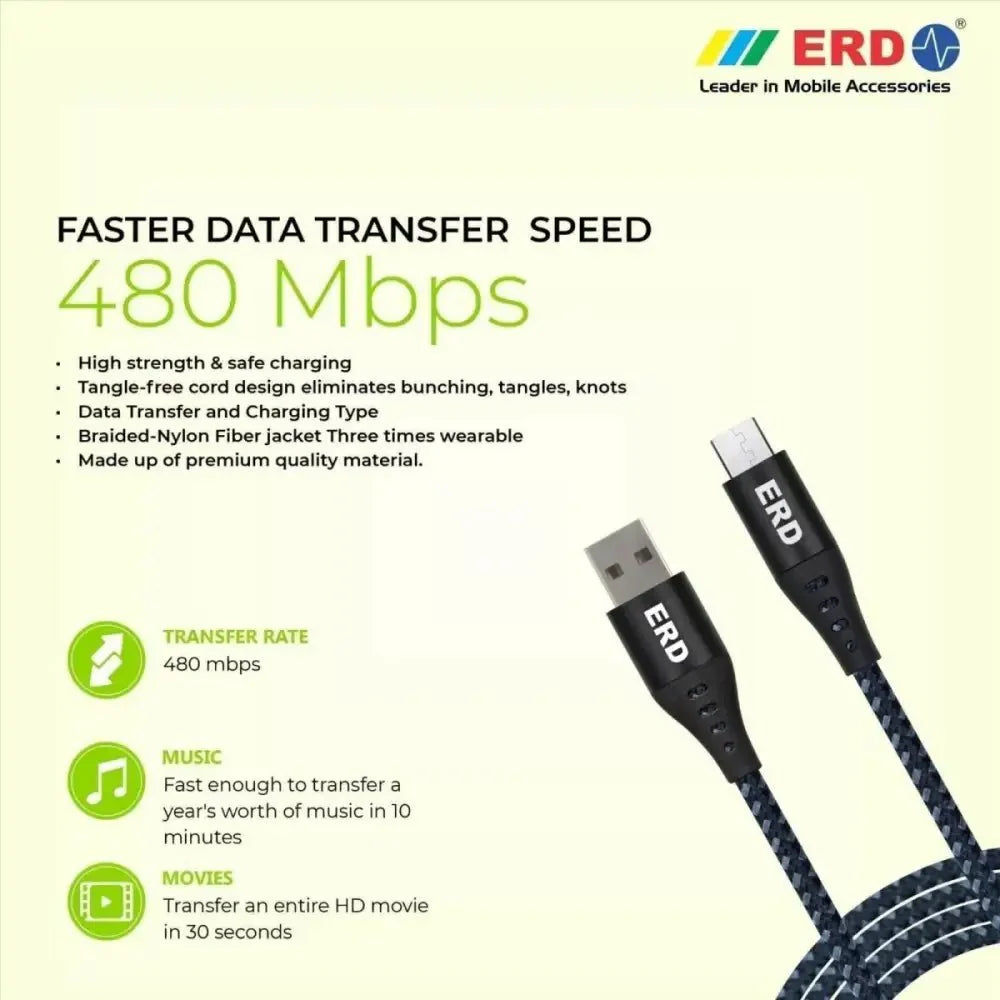 ERD UC - 59 Braided Metal Casing Micro USB Data Cable (Grey - Black) - Cable - cableRJ mobiles and accessories ThoothukudiNew arrival