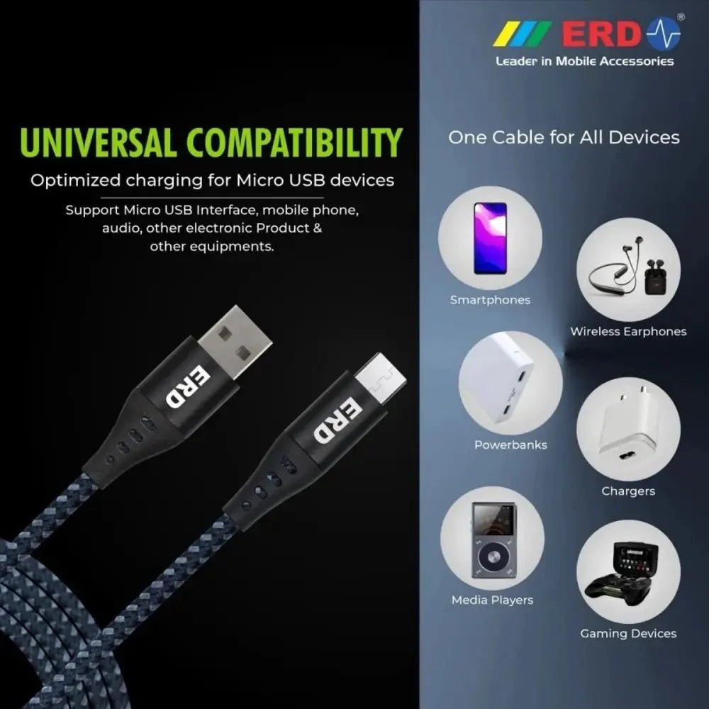 ERD UC-59 Braided Metal Casing Micro USB Data Cable (Grey-Black)