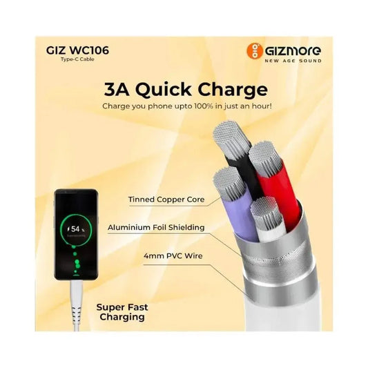 GIZMORE WC106 3.0A 1mt Type C With Fast Charge & Sync Function With High - Speed Data Transfer - Cable - cablegizmore brandcharging cable