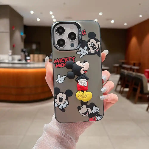 Gray iPhone case decorated with multiple Mickey Mouse cartoon designs and patterns.