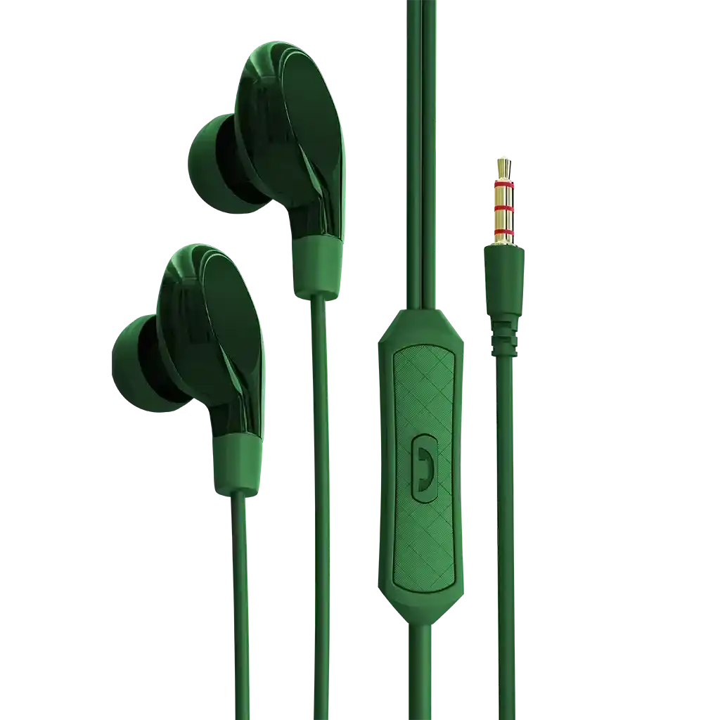 Green wired earbuds with an inline control module and 3.5mm audio jack.