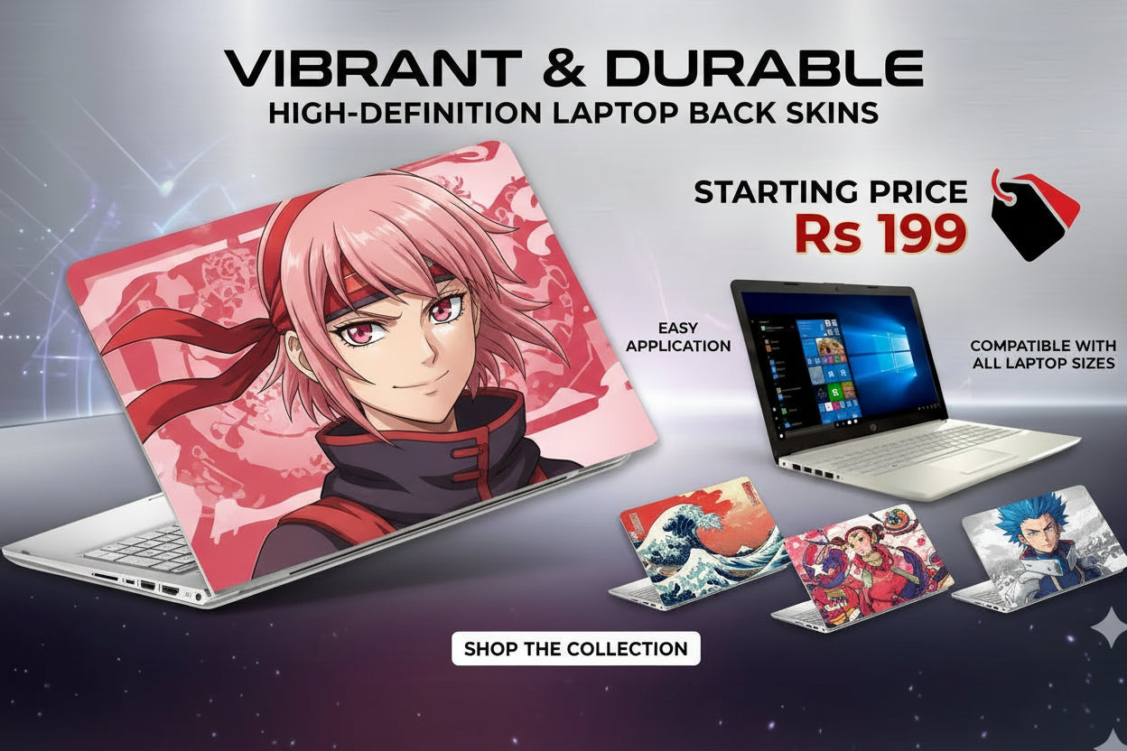 Laptop with anime-themed skin and promotional text for high-definition laptop back skins.