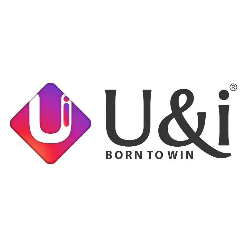 Logo for U&i brand with a gradient pink-purple square icon containing a stylized ’U’ letter alongside black text reading ’U&i BORN TO WIN’