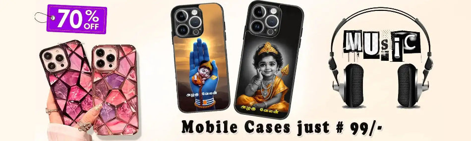 Phone cases with colorful designs and promotional text on a beige background