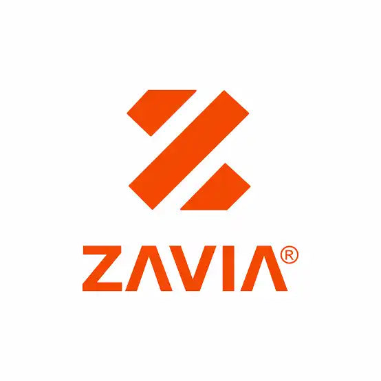 Orange Zavia logo featuring geometric shapes and text.