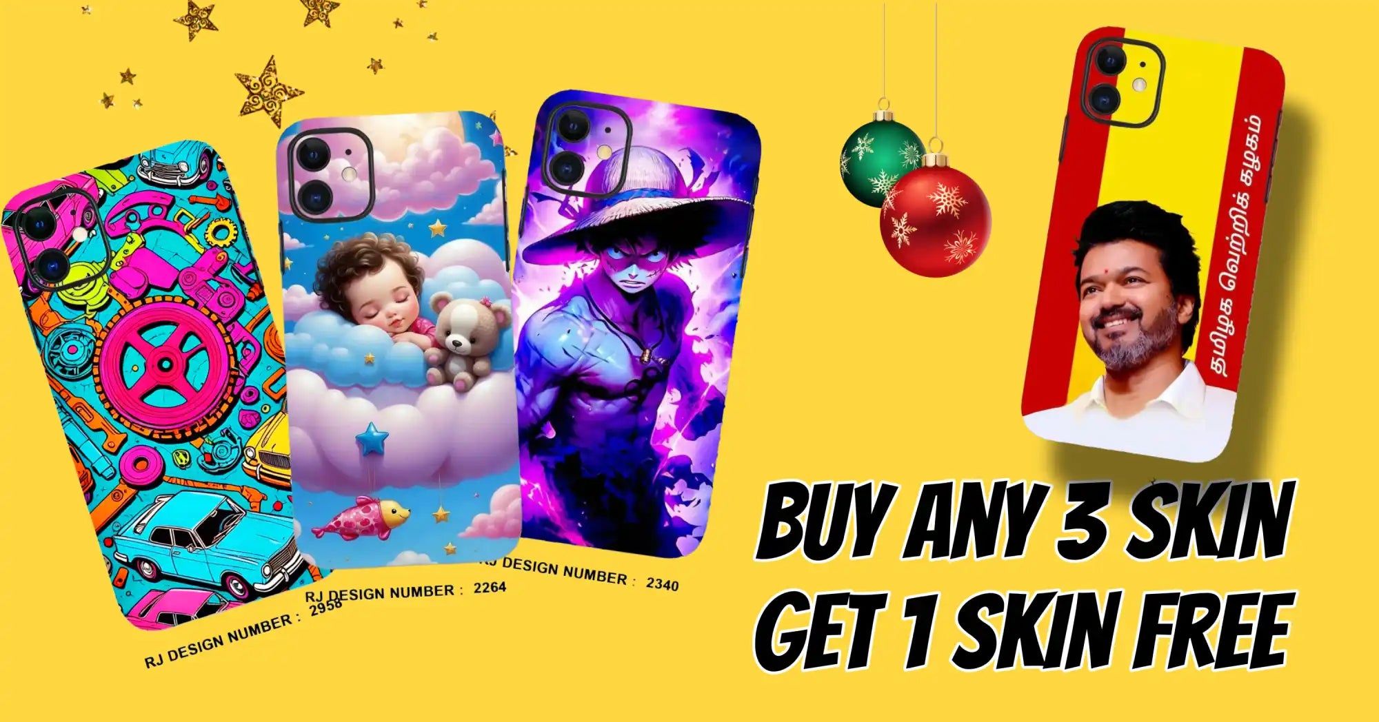 Phone cases with colorful artistic designs and a promotional offer for ’Buy any 3 skin, get 1 skin free.’