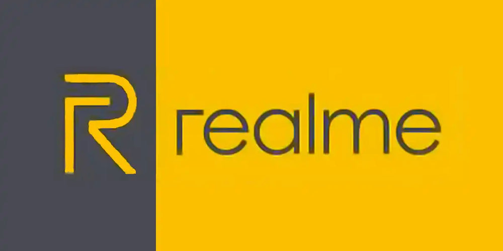 Realme company logo featuring an ’R’ symbol and text in grey and yellow colors.