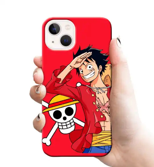 Red iPhone case featuring One Piece anime artwork with Luffy and the Straw Hat Pirates logo.