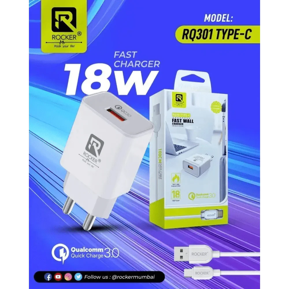 Rockers 18 watt fast charger with C type cable