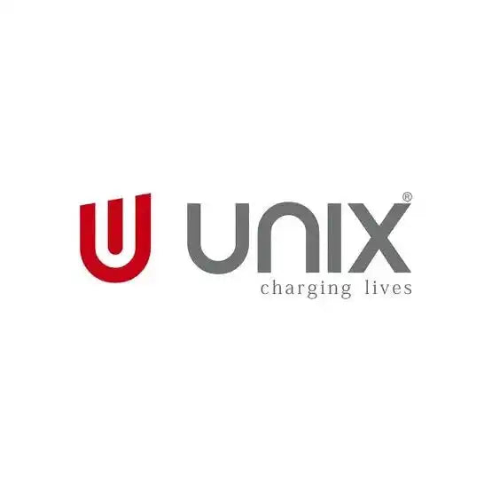 Unix company logo featuring a red ’U’ symbol and gray text with the tagline ’charging lives’